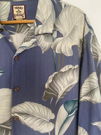 Tommy Bahama 100% Silk Tropical Shirt | Size XL | Blue Leaf Print
