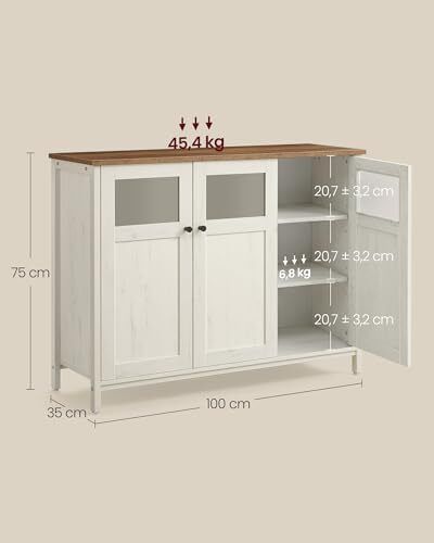 Sideboard Kitchen Cabinet Storage Cabinet with Glass Doors for Living Room Kitchen Dining Room Steel Frame Industrial Style Honey Brown Vintage White