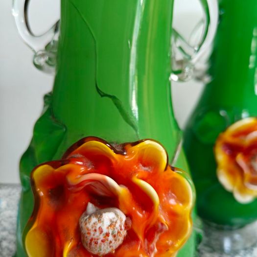 Pair of Murano style 11 inch green glass floral vases