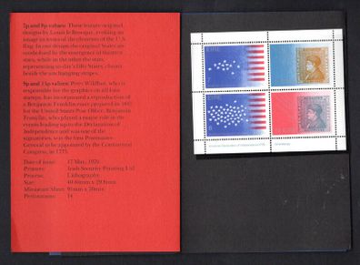 1976 Ireland US Bicentenary Commemorative Stamp Miniature Sheet Pack with Mint Never Hinged (MNH) example of miniature sheet.