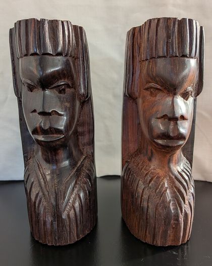 African Wooden Head Bookends Pair Hand Carved Tribal Hardwood Busts