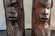 African Wooden Head Bookends Pair Hand Carved Tribal Hardwood Busts