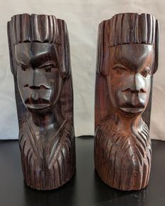 African Wooden Head Bookends Pair Hand Carved Tribal Hardwood Busts