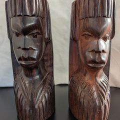 African Wooden Head Bookends Pair Hand Carved Tribal Hardwood Busts