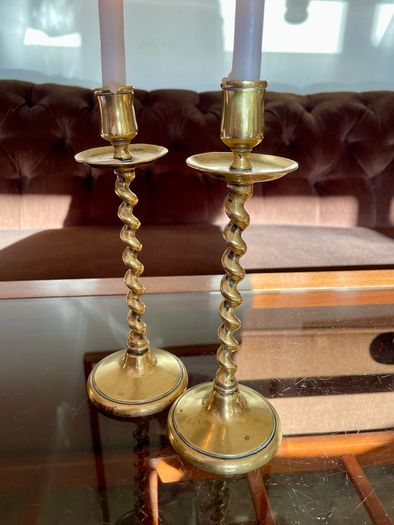 Vintage Brass Single Barley Twist Candlesticks Pair Spiral Candle Holders