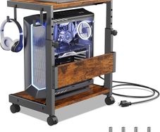 Height Adjustable Computer Tower Stand with 2-Tier ATX-Case Cart, Floor Standing Computer stand, With Storage Space, locking casters, fits most computers (Dark Brown, W44 x D30 x H44-59.5cm)