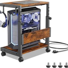 Height Adjustable Computer Tower Stand with 2-Tier ATX-Case Cart, Floor Standing Computer stand, With Storage Space, locking casters, fits most computers (Dark Brown, W44 x D30 x H44-59.5cm)