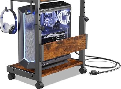 Height Adjustable Computer Tower Stand with 2-Tier ATX-Case Cart, Floor Standing Computer stand, With Storage Space, locking casters, fits most computers (Dark Brown, W44 x D30 x H44-59.5cm)