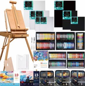 Complete 155 Pcs Deluxe Artist Painting Set with French Easel, Art Painting Brushes Set, Paints Tube Set, Painting Pads, Stretched Canvas, Palette Knives