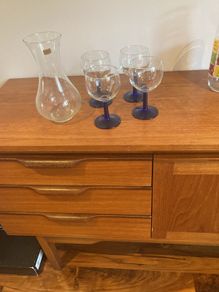 Luminarc Mid Century Blue Stemmed Wine Glasses (4) and Free Luminarc Water / Wine Carafe