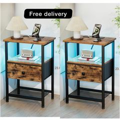 Bedside Table with Charging Station, Small Sofa Side Table with LED Light