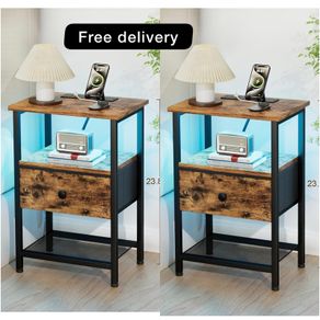 Bedside Table with Charging Station, Small Sofa Side Table with LED Light