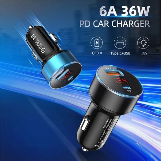 USLION 36W PD/QC3.0 Car Dual USB (Type-C & Type-A) Phone Quick Charger with Digital Display (Brand New/Warranty)