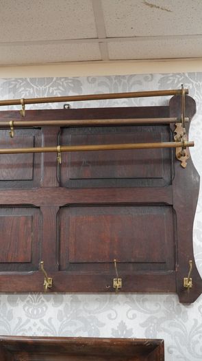 Large Arts & Crafts Style Oak & Brass Wall Coat Rack c.1900