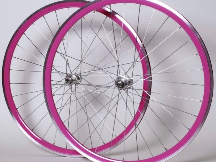 Pink Bicycle Wheelset - Fixie/Singlespeed/FixedGear/Track Bike (FlipFlop Rear Hub) Sealed Bearings - Massive Discount Sale due to Cosmetic Flaws - Pink Rims with Silver Spokes and Hubs