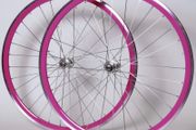 Pink Bicycle Wheelset - Fixie/Singlespeed/FixedGear/Track Bike (FlipFlop Rear Hub) Sealed Bearings - Massive Discount Sale due to Cosmetic Flaws - Pink Rims with Silver Spokes and Hubs
