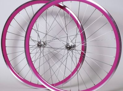 Pink Bicycle Wheelset - Fixie/Singlespeed/FixedGear/Track Bike (FlipFlop Rear Hub) Sealed Bearings - Massive Discount Sale due to Cosmetic Flaws - Pink Rims with Silver Spokes and Hubs