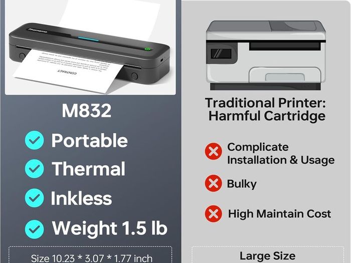 Thermal Printer Portable Mobile A4 Compact Bluetooth Phomemo M832 300dpi Label Sticker