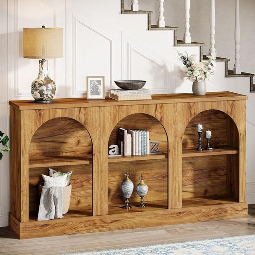 Natural Wood Console Table with Storage 160cm Long Arched Entrance Table | 3 Tier Wooden