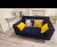 2 seater navy velvet couch & cushions