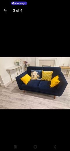 2 seater navy velvet couch & cushions