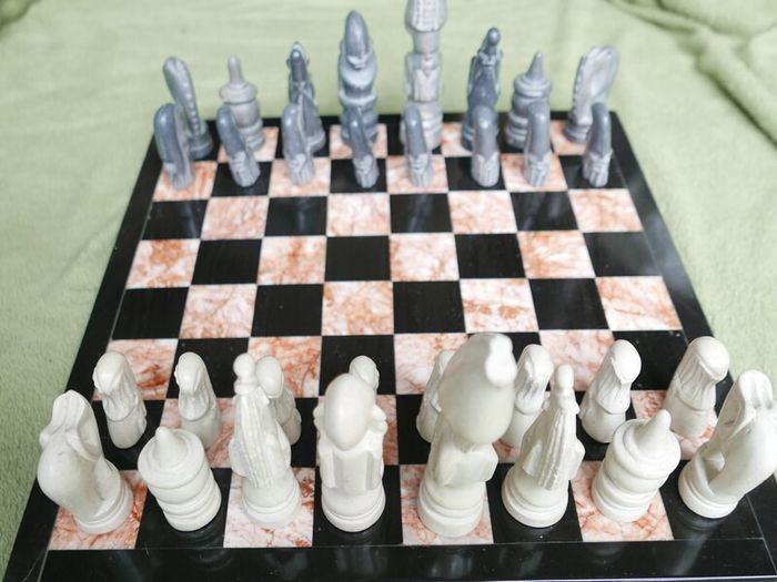 Vintage Marble Chess Board, 14 inch and Handcrafted African Soapstone Chess Set (king 6")