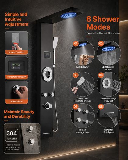 6-in-1 Black Stainless Steel Shower Panel with LED Rainfall, Mist and Temperature Display