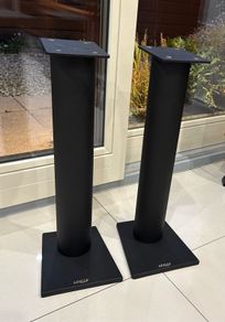Attractive classic ballast fillable Apollo A24 steel speaker stands. In excellent rust-free condition. Featuring striking thick cylindrical column with a black textured finish. Rare in this condition.