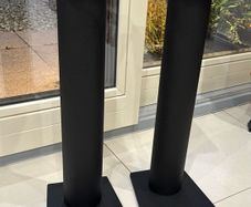 Attractive classic ballast fillable Apollo A24 steel speaker stands. In excellent rust-free condition. Featuring striking thick cylindrical column with a black textured finish. Rare in this condition.