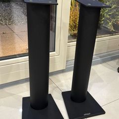 Attractive classic ballast fillable Apollo A24 steel speaker stands. In excellent rust-free condition. Featuring striking thick cylindrical column with a black textured finish. Rare in this condition.