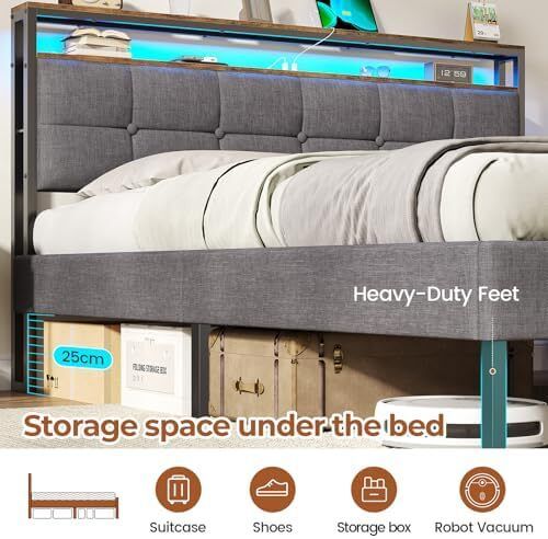 King Size Bed Frame with LED Lights & Charging Station Upholstered Storage Headboard/Under Bed Storage
