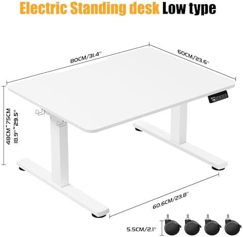 Electric Standing Desk 80x60 cm Low Height 48-75 cm, Height Adjustable Desk with Wheels & Hooks, Stand Up Desk with Memory Handset for Home Office, White
