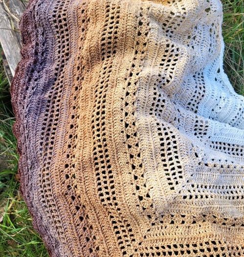 Handmade crochet triangle shawl wrap. Brown and beige ombre lacy shawl