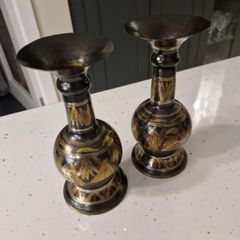 Egyptian Engraved Enamel Candlesticks (pair)