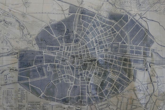 Antique DUBLIN. Map of Dublin & Suburbs with 22 vignettes of Dublin landmarks. Published by Edward Heffernan, 1st June, 1868, 12 Charleville Road, Rathmines. 28" x 22,5". Linen backed. Frayed at edges