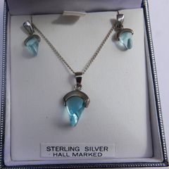 Vintage Sterling Silver Blue Cut Crystal Pendant Necklace And Earrings  Length 18,5" - 4,78g