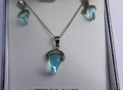 Vintage Sterling Silver Blue Cut Crystal Pendant Necklace And Earrings  Length 18,5" - 4,78g
