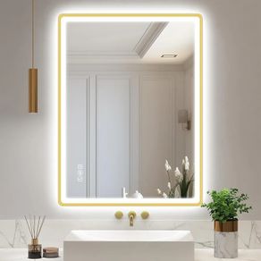 600x800 mm Gold-Bathroom-Mirror-with-LED-Lights, LED-Bathroom-Mirror-Wall-Mounted with Bluetooth, Anti-fog, 3 Colours Dimmable, Memory Function, IP44, Tempered Glass, Horizontal/Vertical