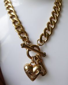 Juicy Couture Logo Heart J Charms Gold Tone Chain Link Toggle Clasp Necklace 17inch.