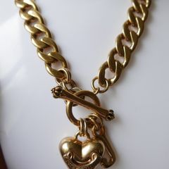 Juicy Couture Logo Heart J Charms Gold Tone Chain Link Toggle Clasp Necklace 17inch.