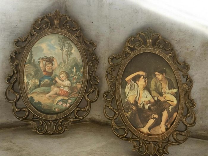 Vintage Italian Silk Prints in Ornate Baroque Frames - Pair