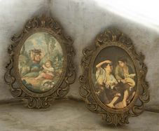 Vintage Italian Silk Prints in Ornate Baroque Frames - Pair