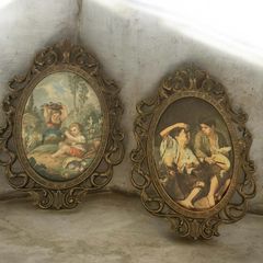 Vintage Italian Silk Prints in Ornate Baroque Frames - Pair