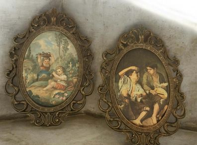 Vintage Italian Silk Prints in Ornate Baroque Frames - Pair
