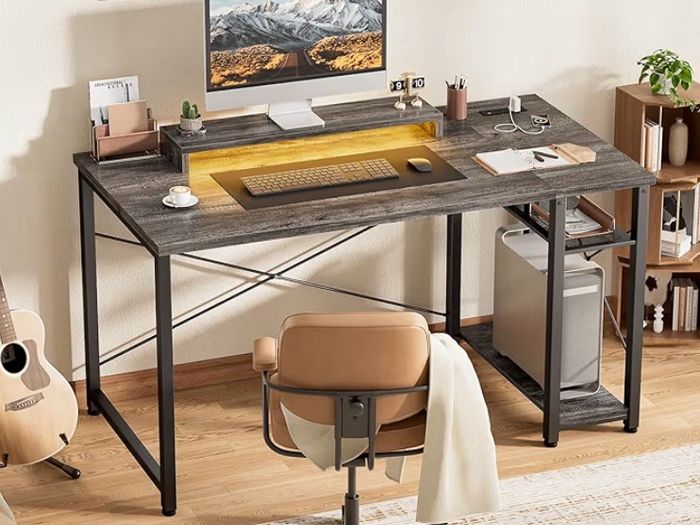 Gaming Desk with LED Lights & Power Outlet, Reversible Computer Desk with Moveable Monitor Stand, 100x75x50CM Office Desk with USB Charging Station for Home, Bedroom, Study,Gray Oak