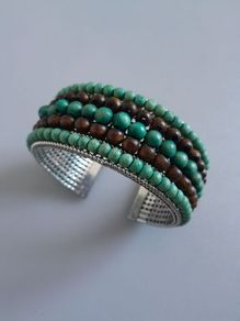 BANGLE - Wooden Beads - Brown & Turquoise