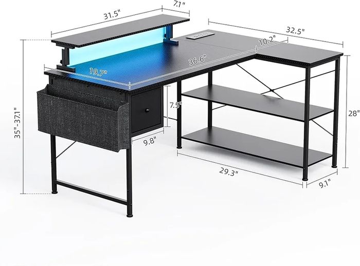 L Shaped Gaming Desk with LED Lights & Power Outlets, 120x80x70cm Reversible Corner Desk with Drawer Storage Bag & Monitor Stand, Carbon Fiber Black