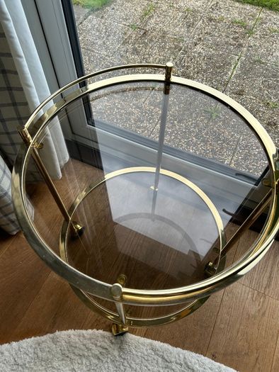 Vintage 1970s Hollywood Regency Gold Brass & Glass Bar Cart / Table