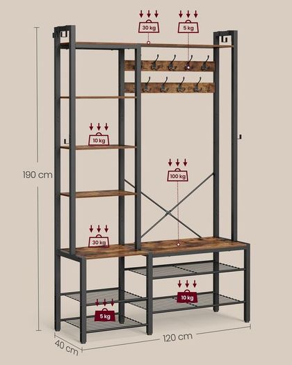 Coat Rack, Entrance Cabinet, with Shoe Rack, 5 Storage Shelves, 9 Coat Hooks and 6 Side Hooks, 40 x 120 x 190 cm, Rustic Brown and Ink Black