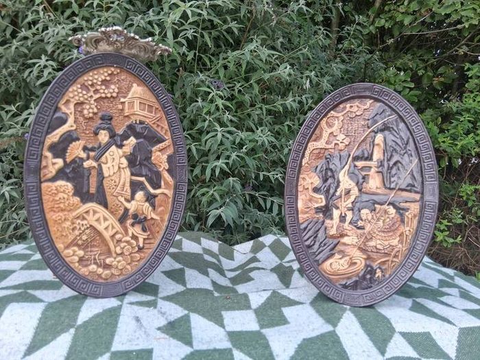 2 X 15 Inch Bretby Pottery Art Deco Japanese Wall Plaques